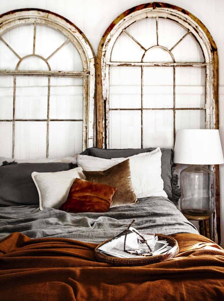 charcoal gray and rust colored bedding