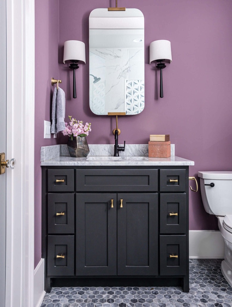 Purple and gray powder room