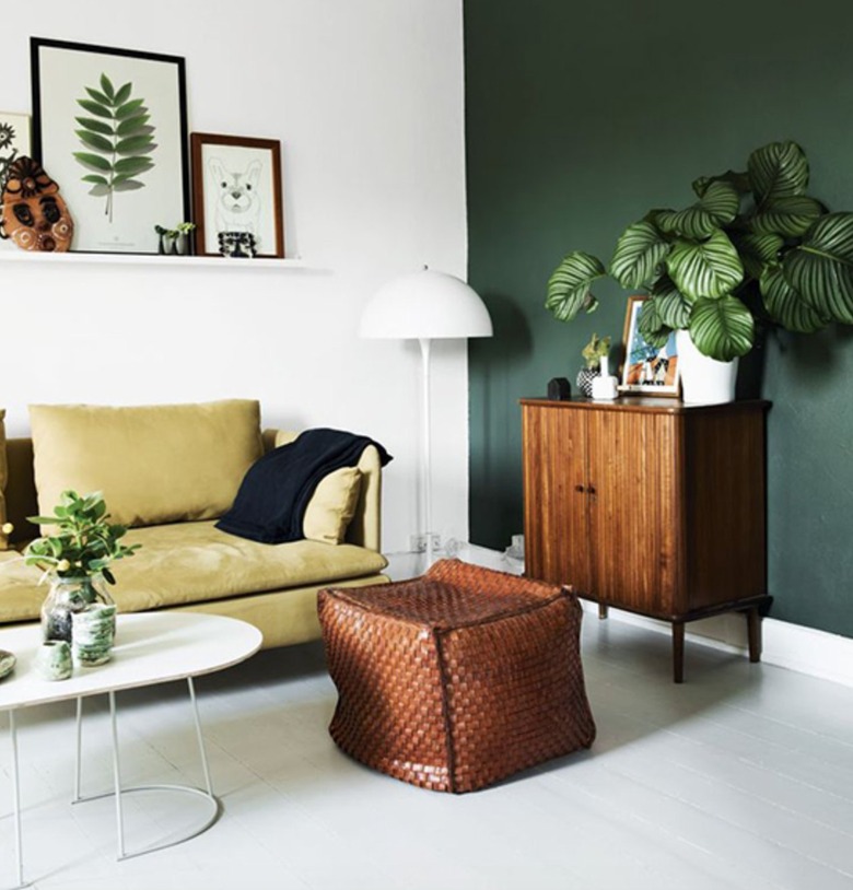 Living room with forest green accent wall