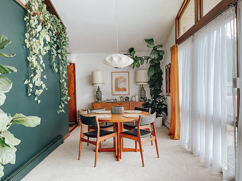dining room with green walls and plants