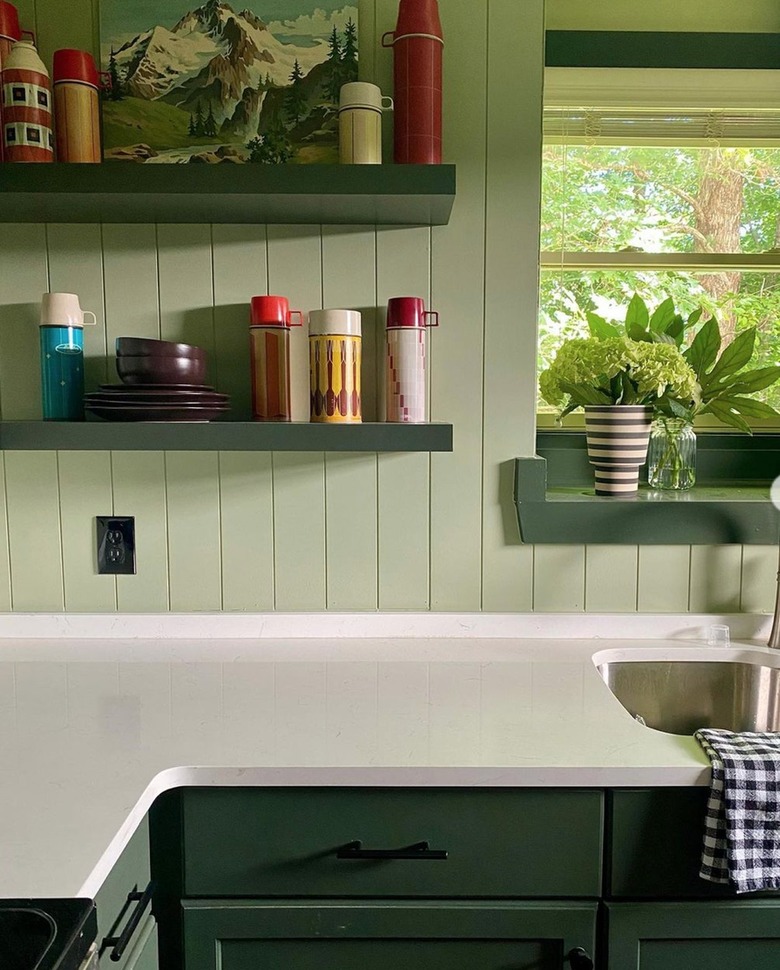 cabin inspired kitten with sage green walls and hunter green details