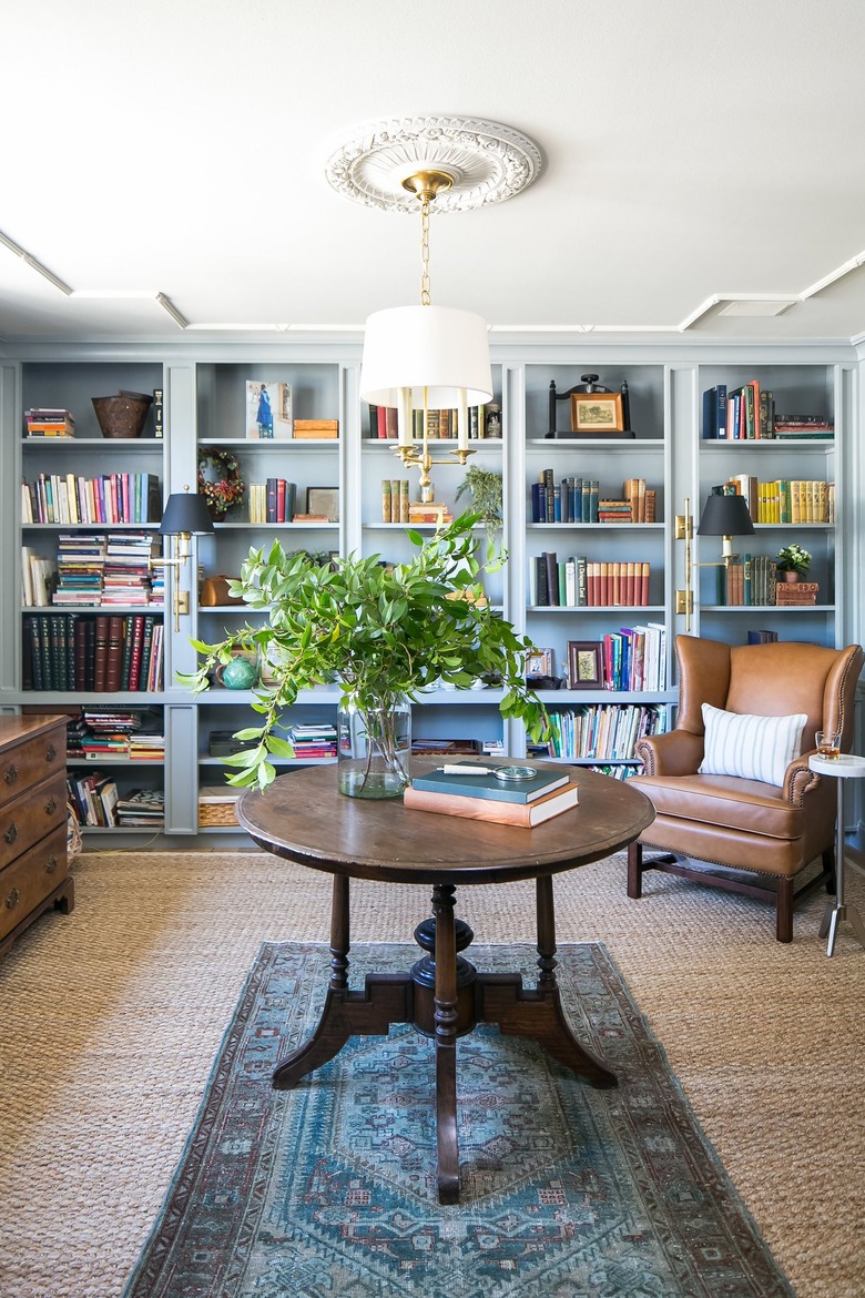 Library with light blue bookshelf