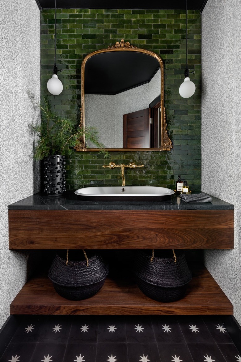 Olive green bathroom tile with walnut and soapstone