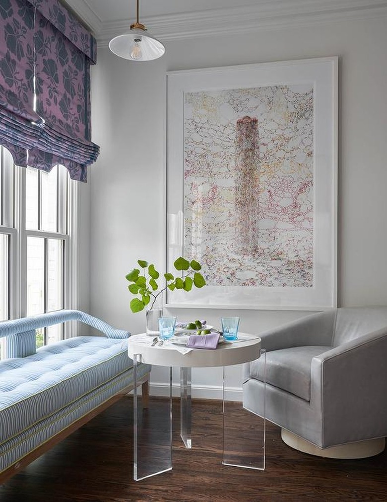 purple and light blue seating area