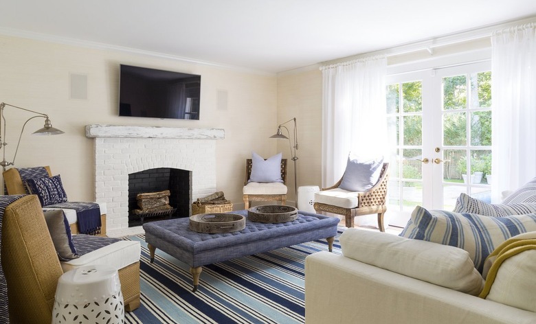 tan living room with blue accents