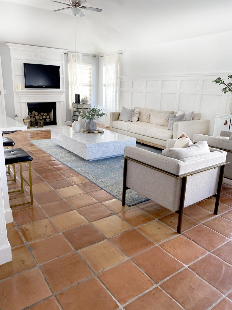White living room with Saltillo tiles