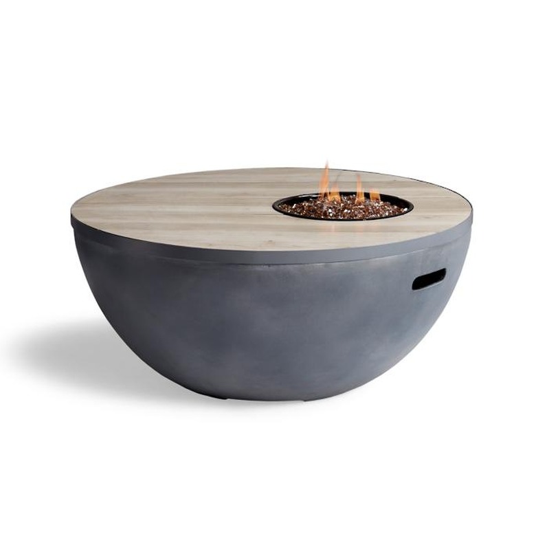 Fire table and coffee table in one with circular details and steel base