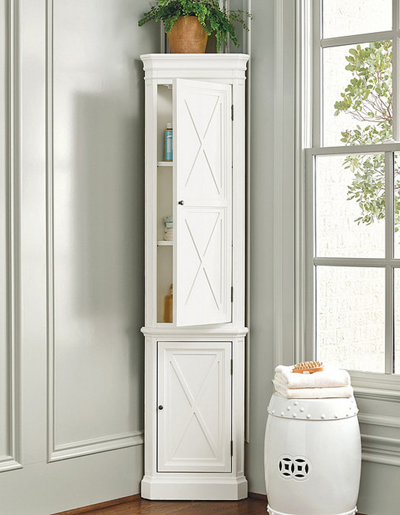 Frisco Corner Bathroom Cabinet with gray walls