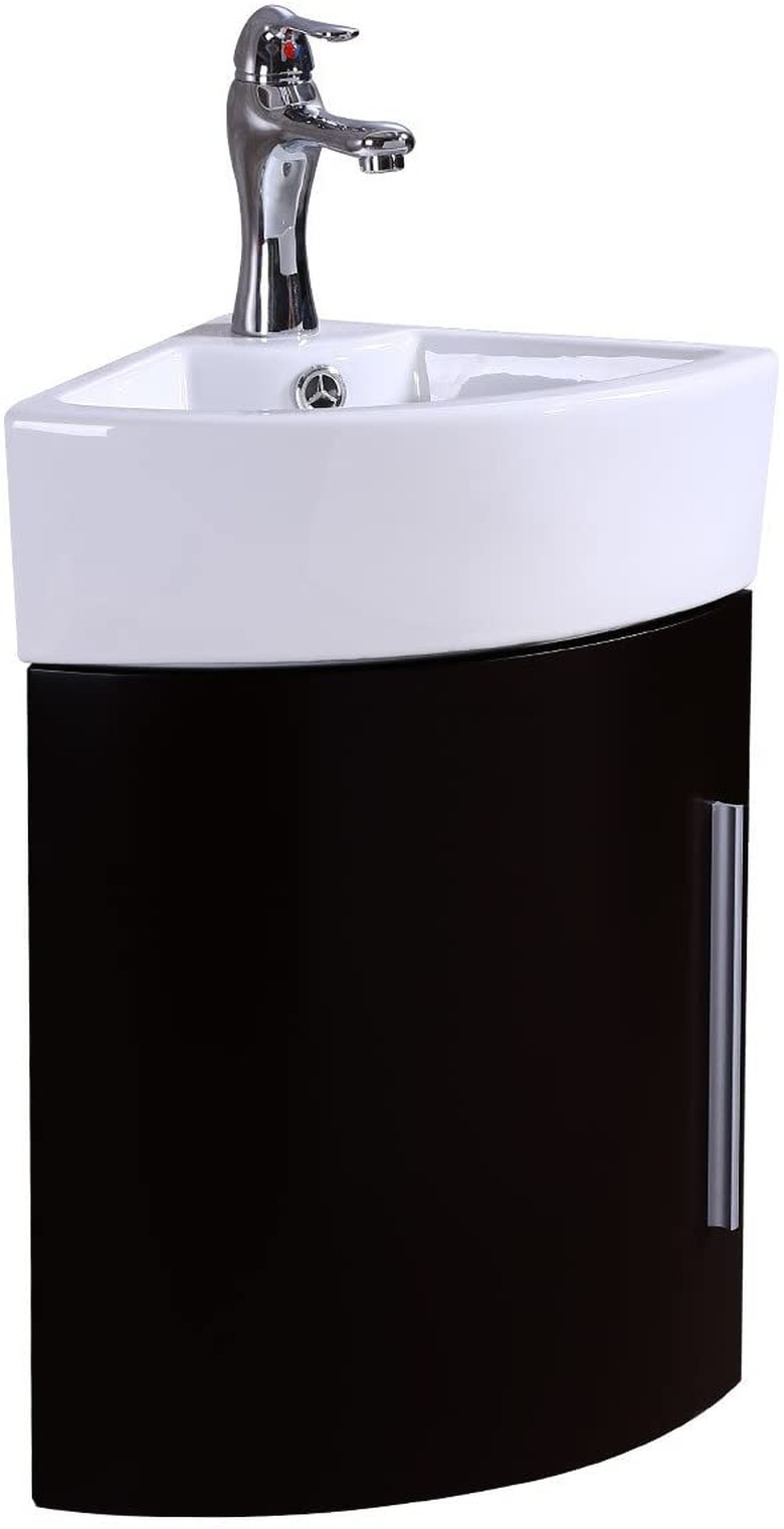White porcelain wall mount corner bathroom sink with black cabinet