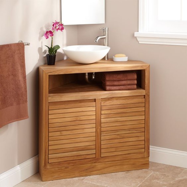 wood corner bathroom vanity from Signature Hardware