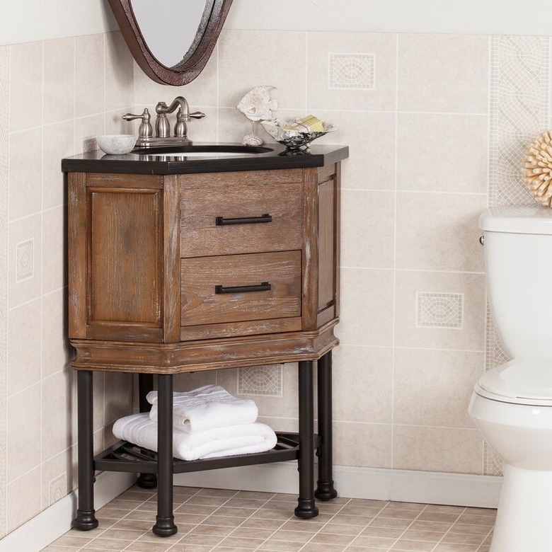 rustic corner bathroom vanity from Wayfair
