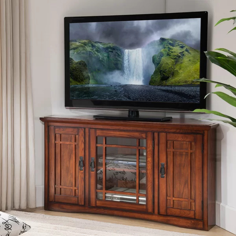 Wooden corner TV unit with glass window
