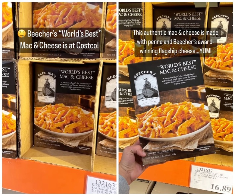 Side by side images of Beecher's World's Best Mac and Cheese on the freezer shelves in Costco.