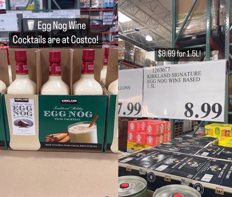 Split screen image of a case of egg nog on the left and a price tag sign on the right