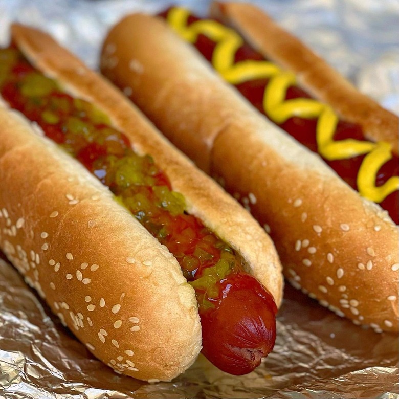 Close up of two hot dogs