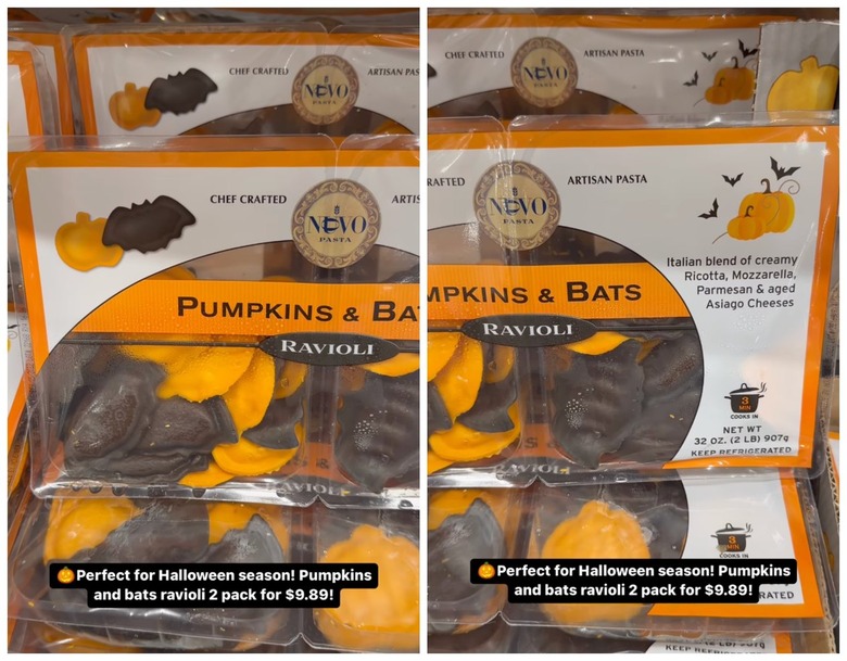 Split screen of pumpkin and bat ravioli at Costco.