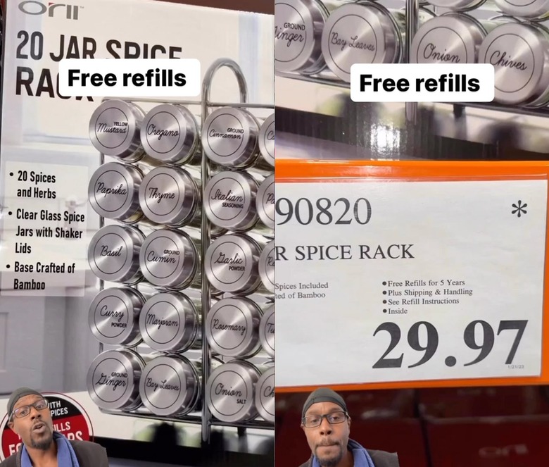 Split-screen image of a spice rack box on the left and the $29.97 price tag on the box on the right
