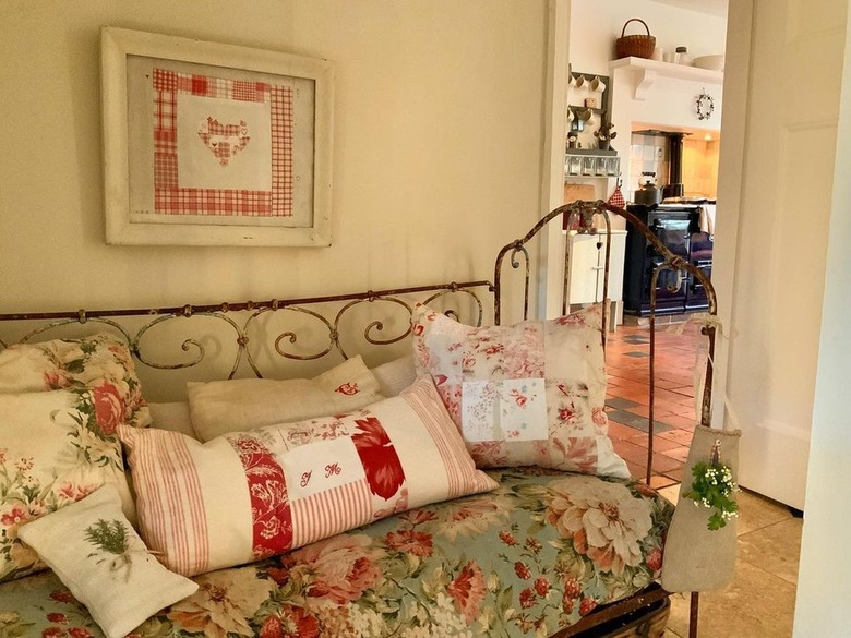 sofa with metal frame and patchwork textiles