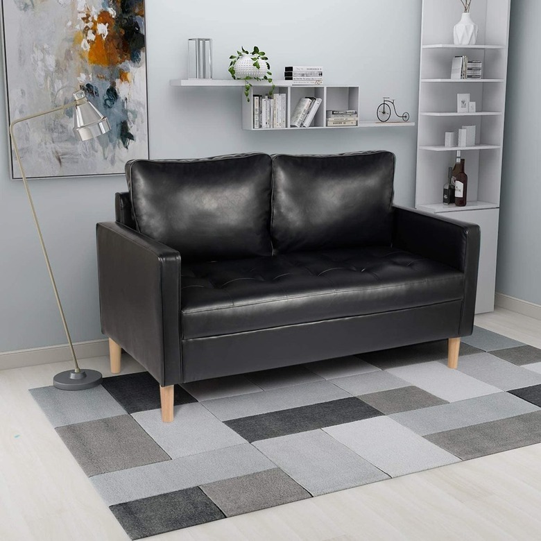 black faux leather sofa