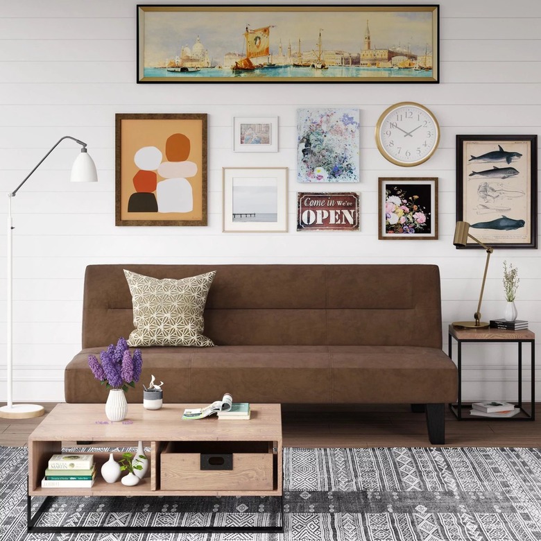 brown futon in colorful room