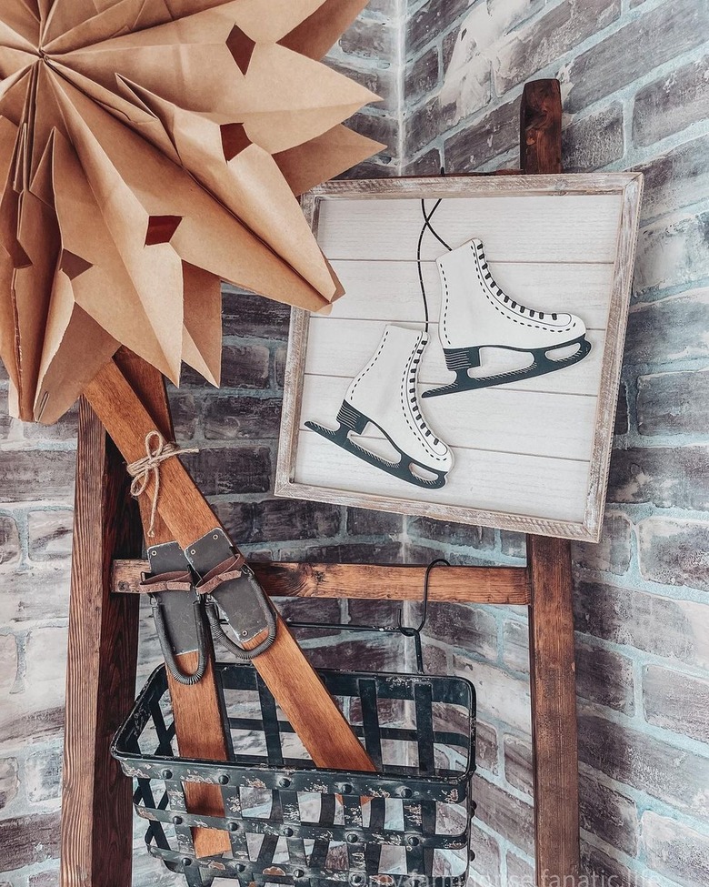 Wintry vignette with wood skis