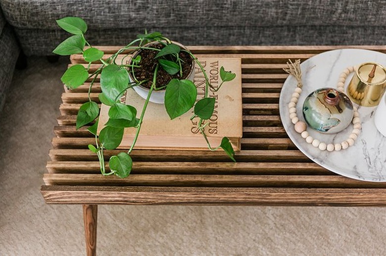 Slat wood coffee table with plant and marble tray on top.