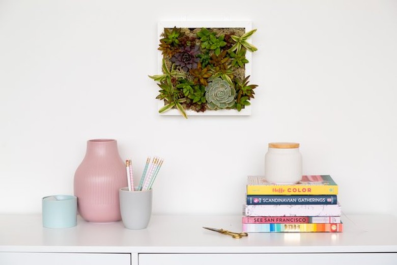 Succulent wall planter over desk with pink and blue vases