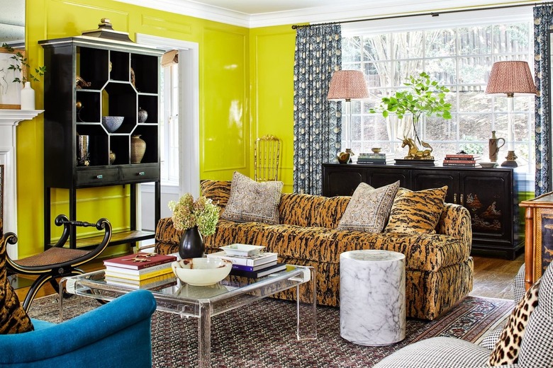Living room with chartreuse lacquered walls
