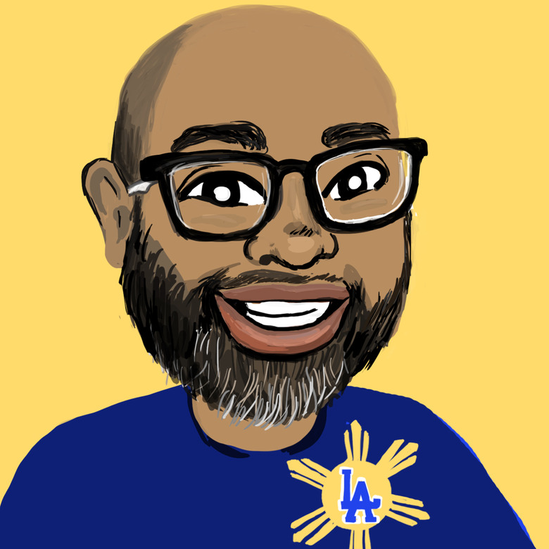 Digital illustration of middle-aged man with beard wearing glasses against yellow background