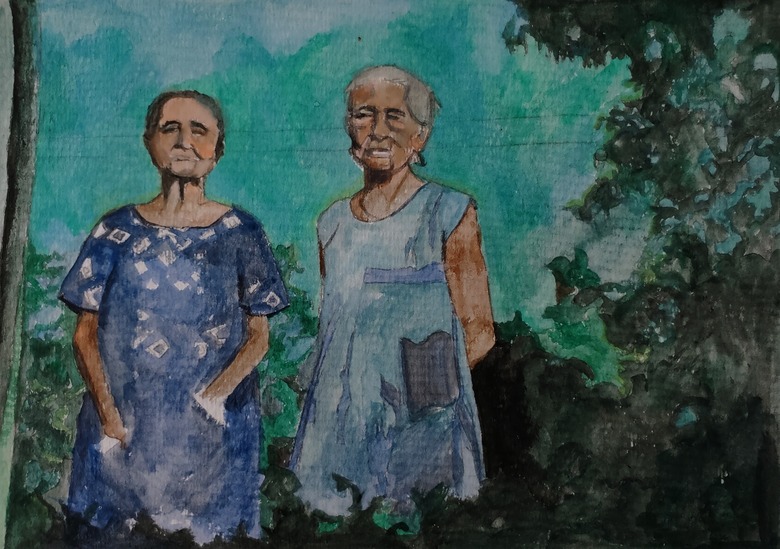 Watercolor of two elderly women wearing house dresses outside outside among trees