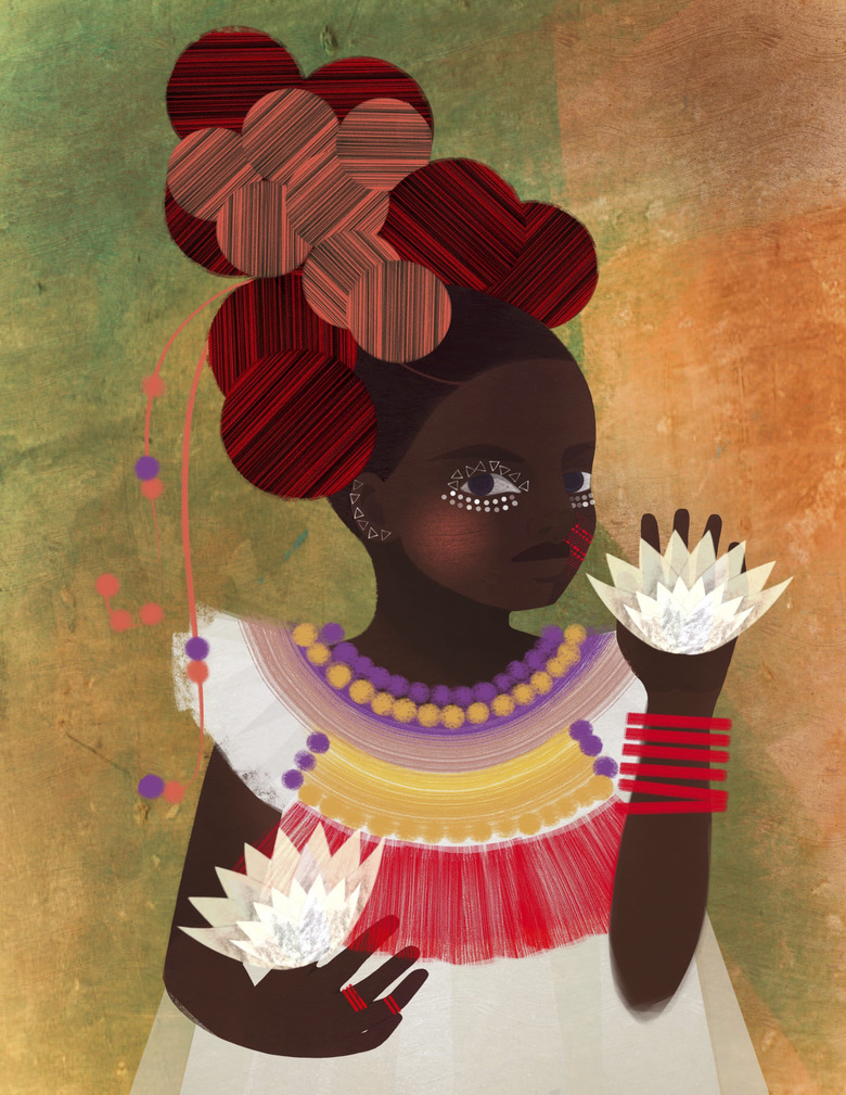 Collage-style portrait with young girl in decorative dress