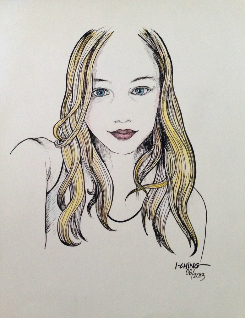 Pen drawing of portrait young woman with blond hair wearing a tank top