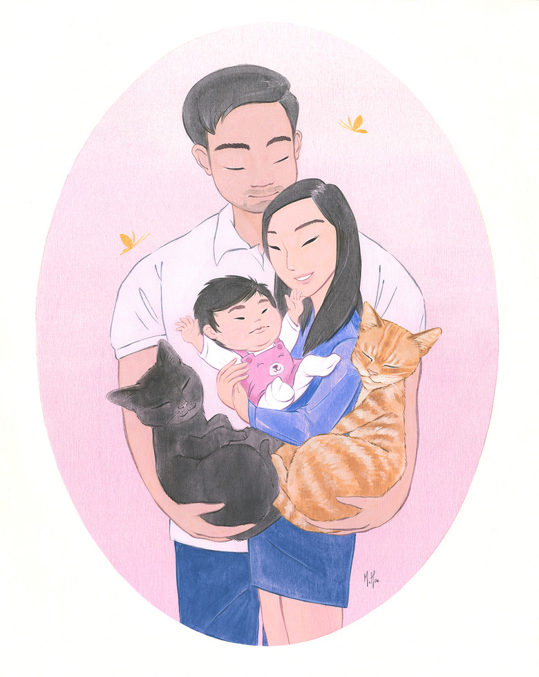 Family portrait with animals and child