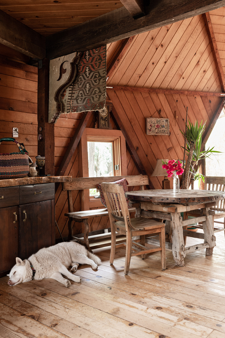 Dog resting on wood floor in geodesic dome