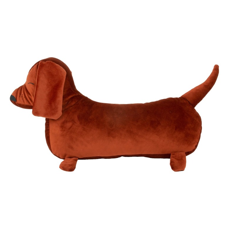 A brown pillow in the shape of a dachshund dog with its eyes closed.