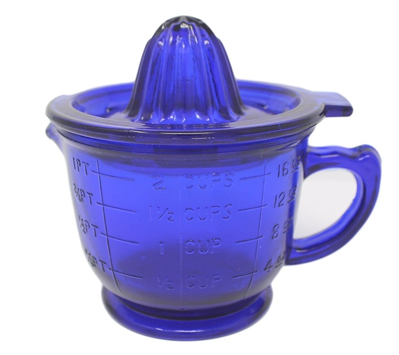 cobalt blue Depression glass juicer