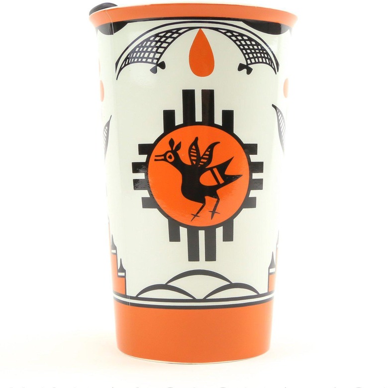 ceramic travel blue with orange and black pattern