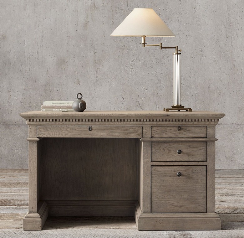 antiqued gray oak desk with traditional details and drawers for storage