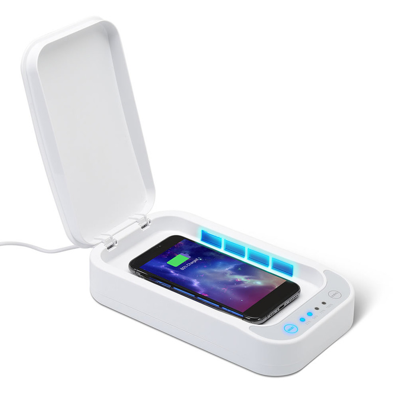 UV smartphone sanitizer with charging station