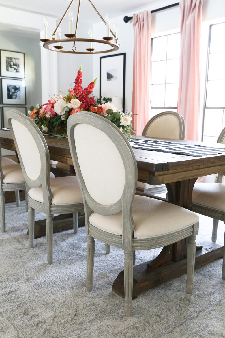 pink curtains in Parisian inspired dining room