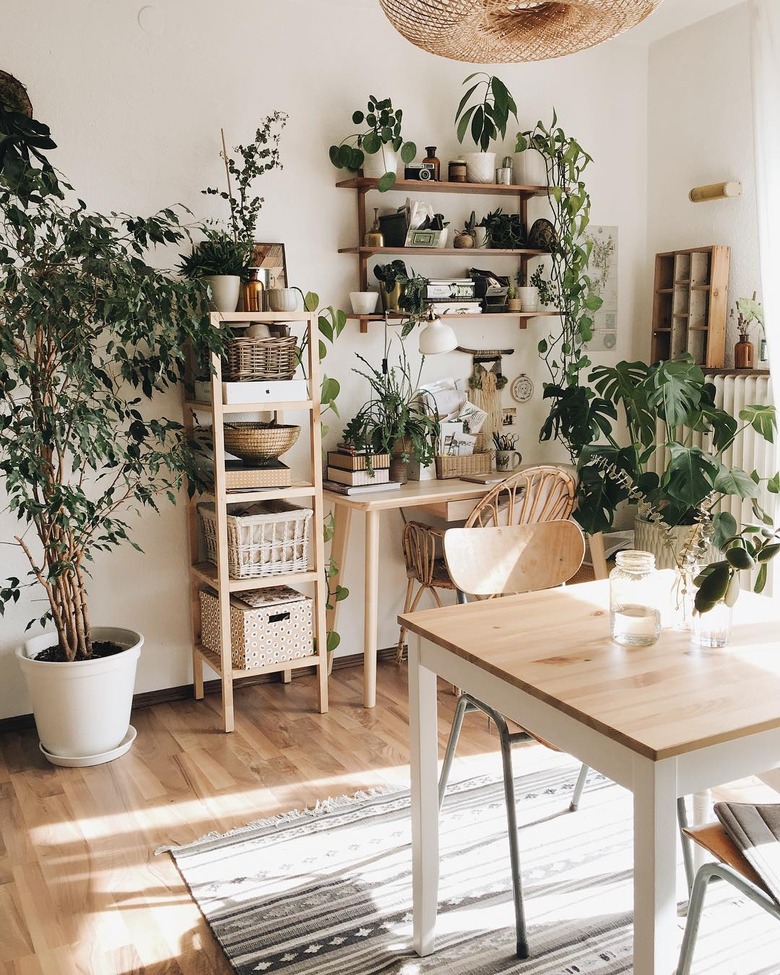 bohemian dining room with wall-mounted shelving and bookcases