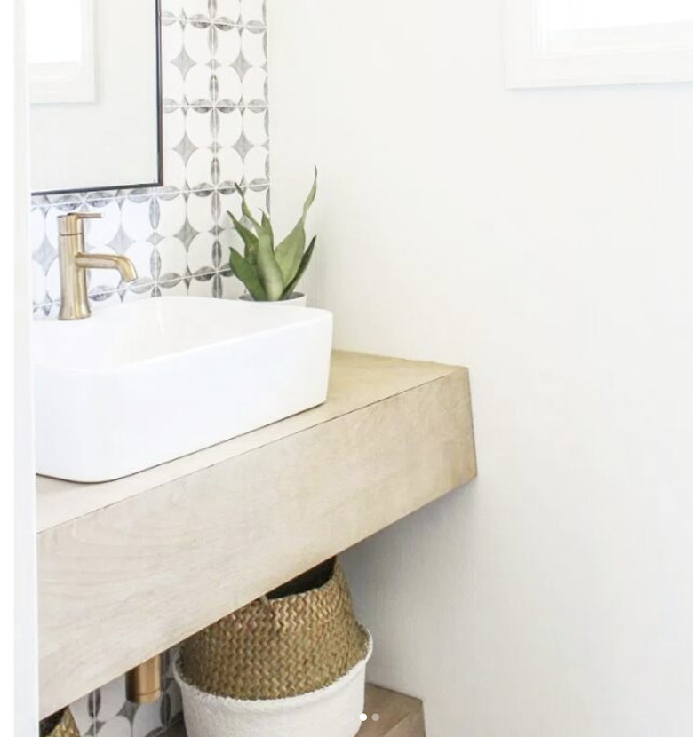 tiny DIY bathroom vanity with floating shelf