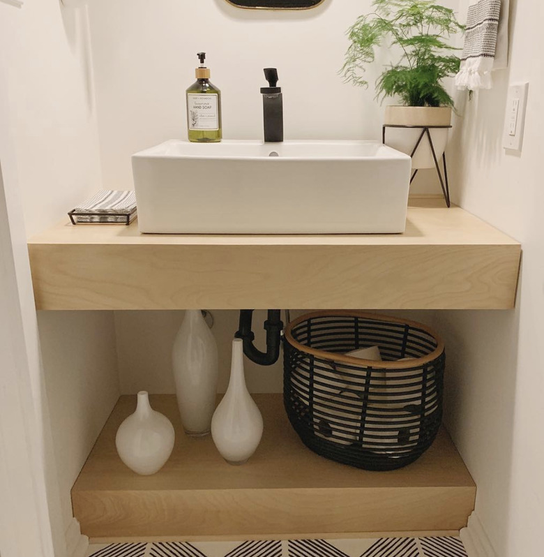 DIY bathroom vanity with floating shelves