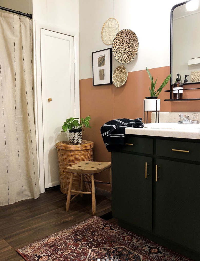 DIY bathroom vanity repainted dark green