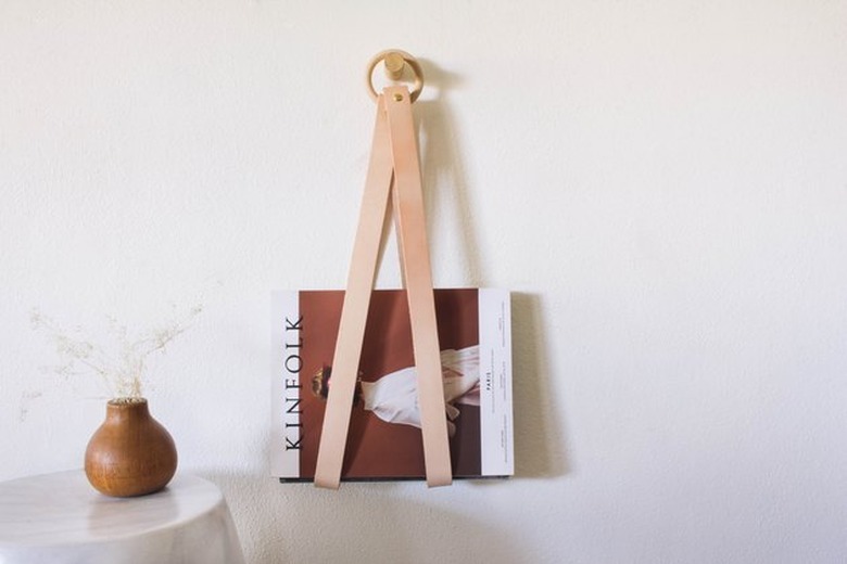 Leather and wood hanging magazine holder