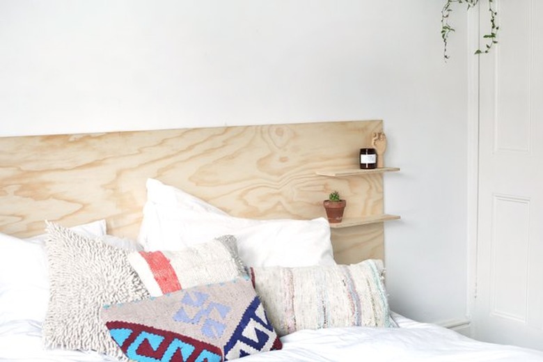 Plywood headboard with built in shelves