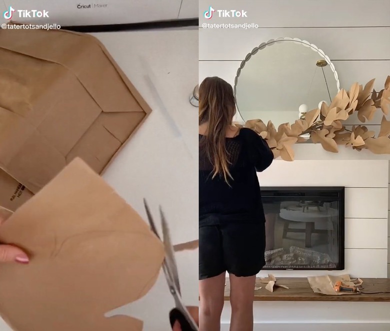 Split screen image of scissors cutting paper bags to the left and a woman putting a leaf garland on a mantle to the right