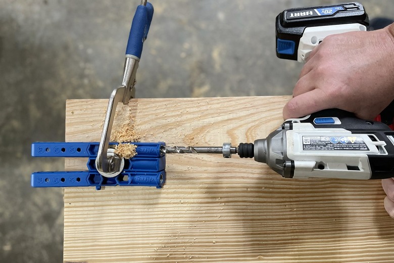 Drilling pocket hole into bench seat