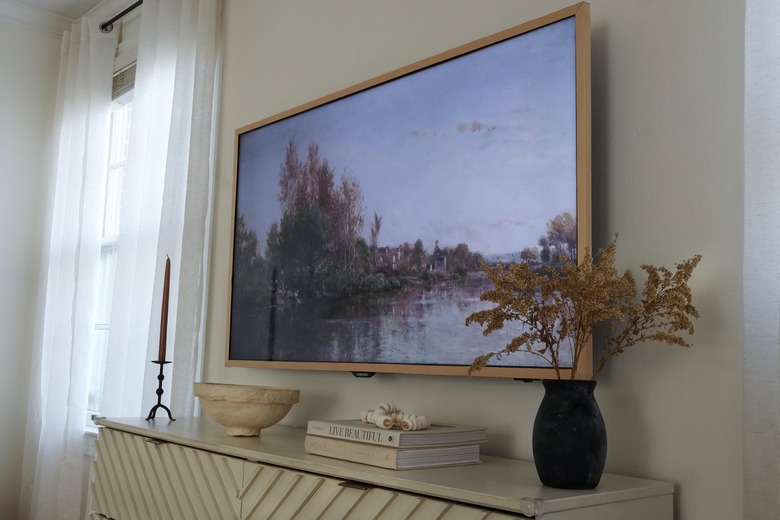 diy Samsung Frame tv above dresser in living room
