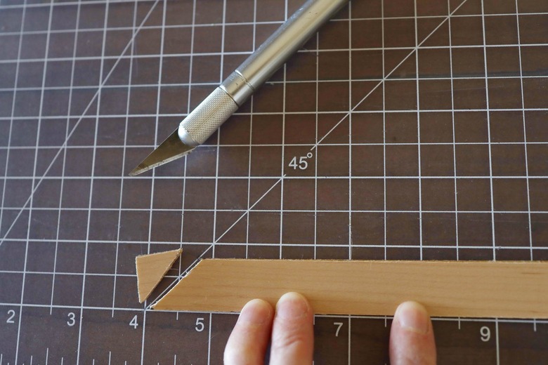 Cutting 45-degree angle on wood veneer strip